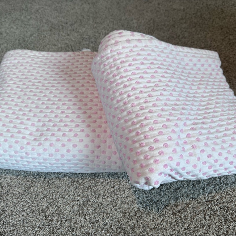Pottery Barn Kids pink polka dot curtains